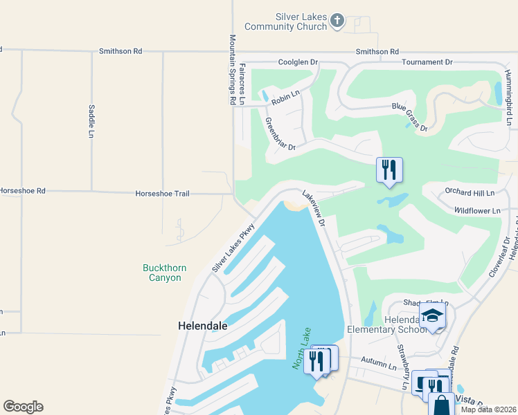 map of restaurants, bars, coffee shops, grocery stores, and more near 27654 Silver Lakes Parkway in Helendale