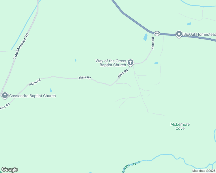 map of restaurants, bars, coffee shops, grocery stores, and more near 603 Akins Road in Chickamauga