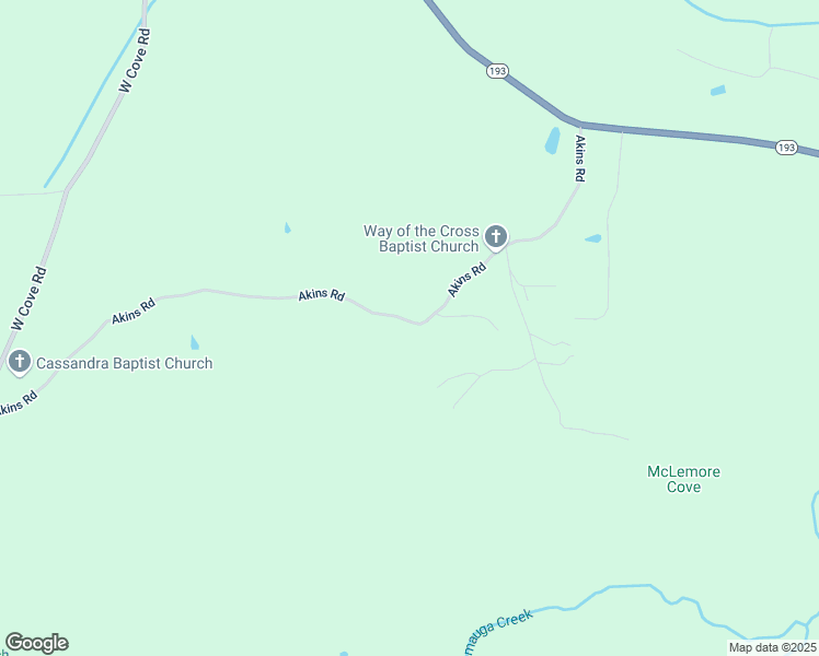 map of restaurants, bars, coffee shops, grocery stores, and more near 643 Akins Road in Chickamauga