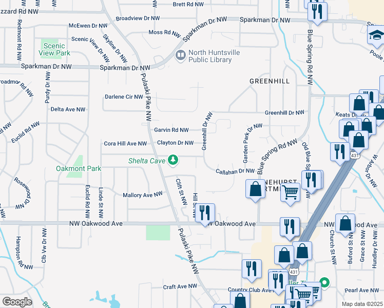map of restaurants, bars, coffee shops, grocery stores, and more near 2702 Cave Avenue Northwest in Huntsville