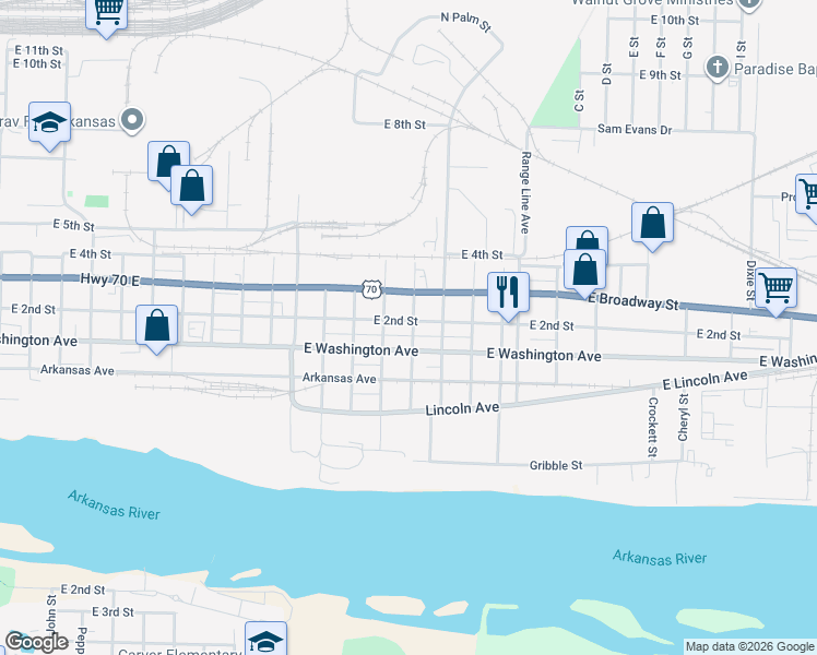 map of restaurants, bars, coffee shops, grocery stores, and more near 2502 East Washington Avenue in North Little Rock