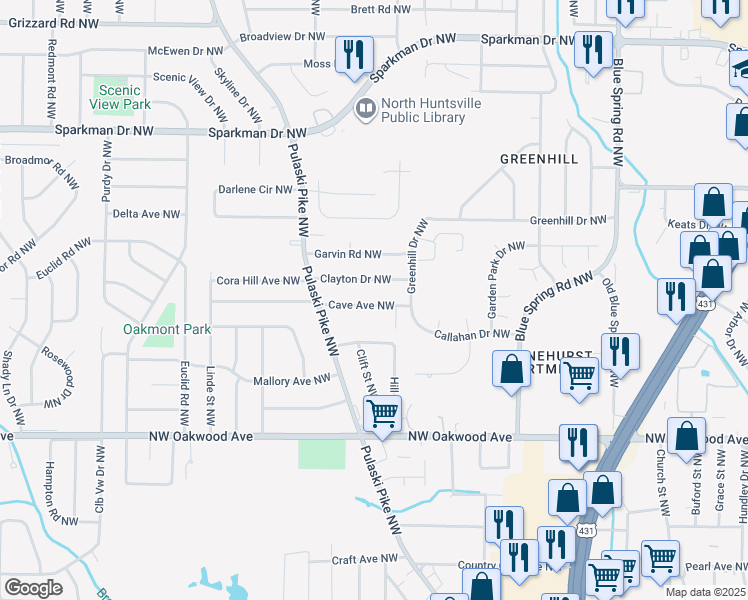 map of restaurants, bars, coffee shops, grocery stores, and more near 2725B Clayton Drive Northwest in Huntsville