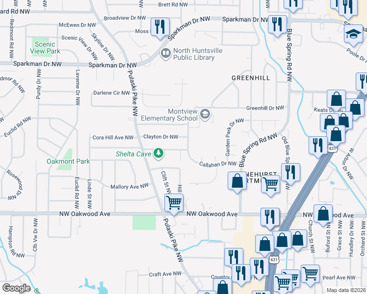 map of restaurants, bars, coffee shops, grocery stores, and more near 2602 Cave Avenue Northwest in Huntsville