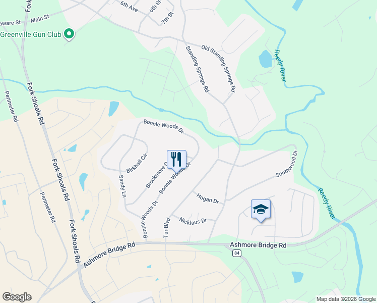 map of restaurants, bars, coffee shops, grocery stores, and more near 217 Bonnie Woods Drive in Greenville