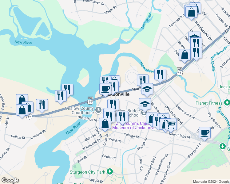 map of restaurants, bars, coffee shops, grocery stores, and more near 111 Marine Boulevard in Jacksonville