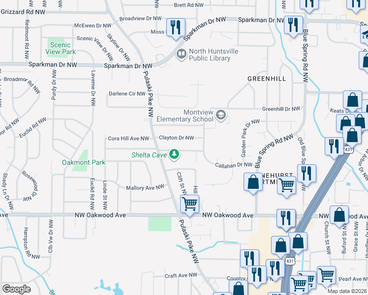 map of restaurants, bars, coffee shops, grocery stores, and more near 2725B Clayton Drive Northwest in Huntsville