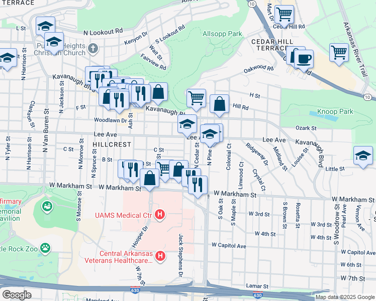 map of restaurants, bars, coffee shops, grocery stores, and more near 418 North Cedar Street in Little Rock