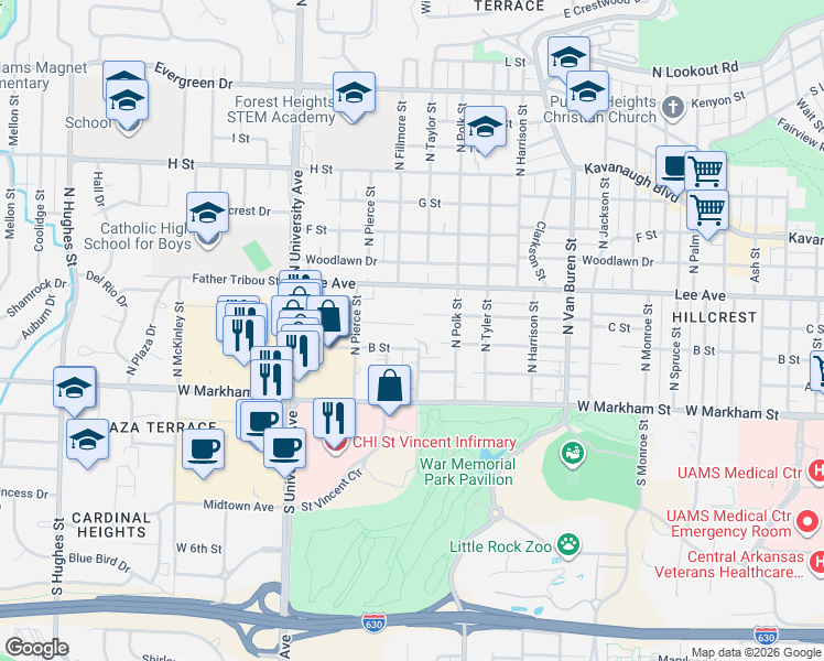 map of restaurants, bars, coffee shops, grocery stores, and more near 5620 C Street in Little Rock