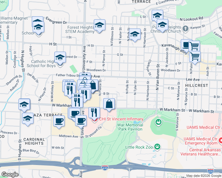 map of restaurants, bars, coffee shops, grocery stores, and more near 5620 C Street in Little Rock