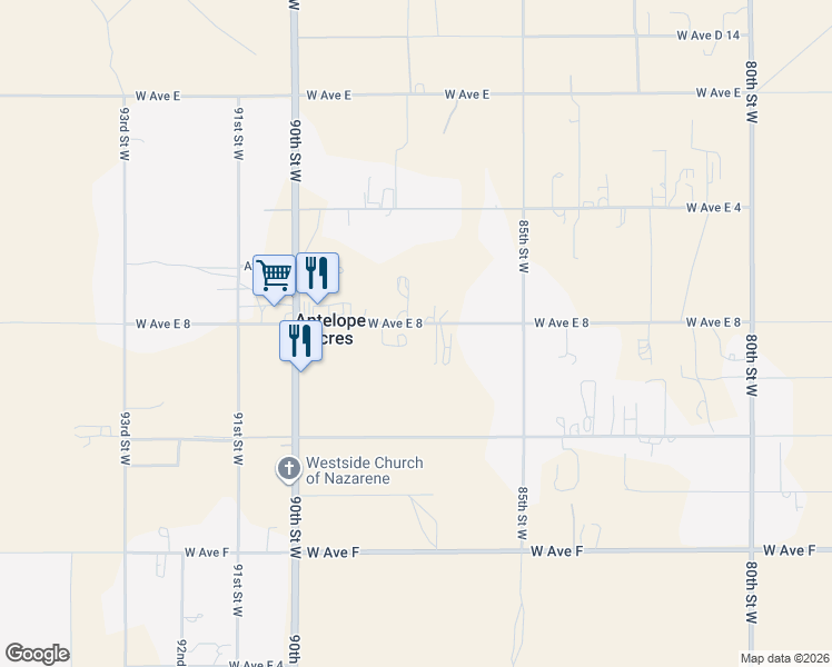 map of restaurants, bars, coffee shops, grocery stores, and more near 8663 West Avenue East 8 in Lancaster