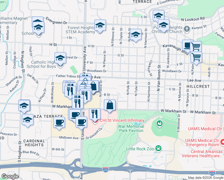 map of restaurants, bars, coffee shops, grocery stores, and more near 5620 C Street in Little Rock