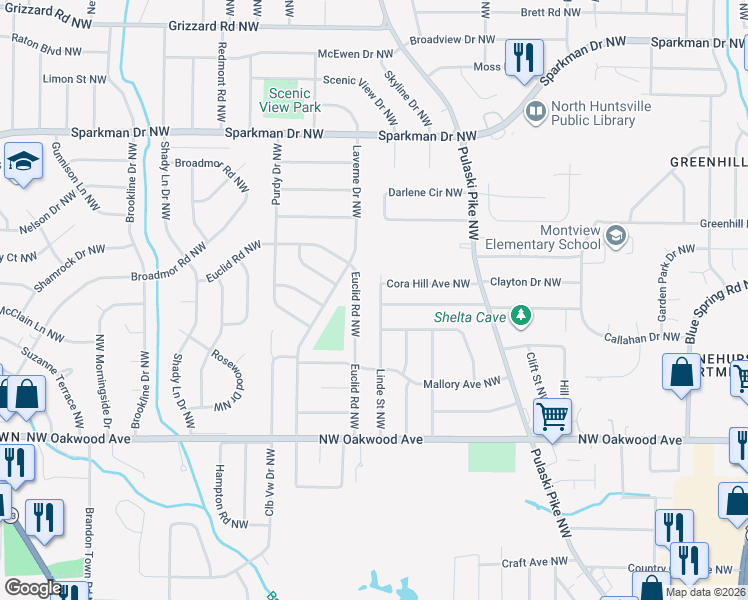 map of restaurants, bars, coffee shops, grocery stores, and more near 2217 Linde Street Northwest in Huntsville