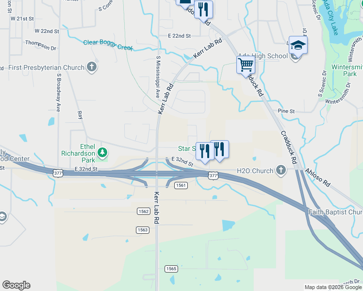 map of restaurants, bars, coffee shops, grocery stores, and more near 734 East 30th Street in Ada