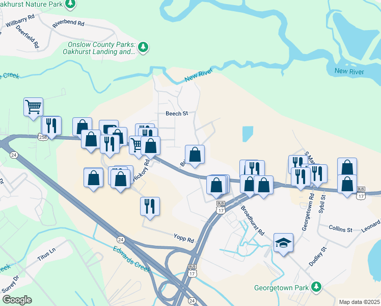 map of restaurants, bars, coffee shops, grocery stores, and more near 119 Bridgett Lane in Jacksonville