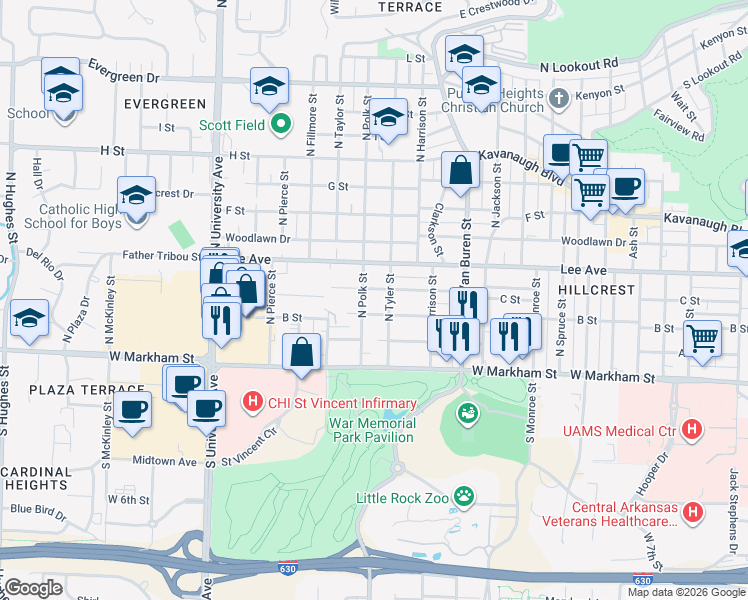 map of restaurants, bars, coffee shops, grocery stores, and more near 5410 C Street in Little Rock
