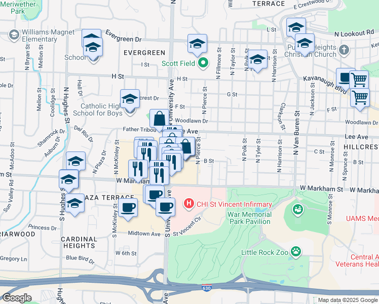 map of restaurants, bars, coffee shops, grocery stores, and more near 5910 C Street in Little Rock