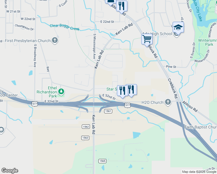 map of restaurants, bars, coffee shops, grocery stores, and more near 734 East 30th Street in Ada