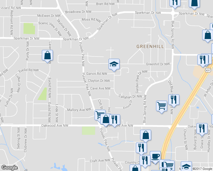 map of restaurants, bars, coffee shops, grocery stores, and more near 2713B Clayton Drive Northwest in Huntsville