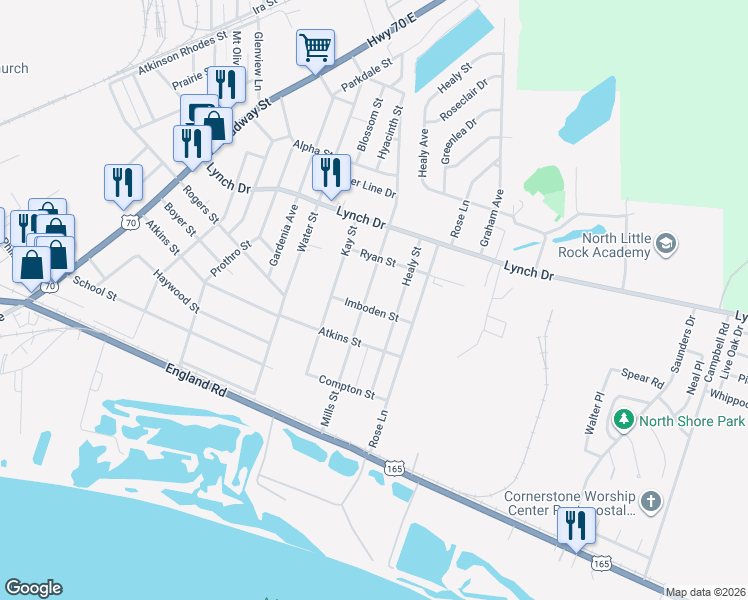 map of restaurants, bars, coffee shops, grocery stores, and more near 411 Healy Street in North Little Rock