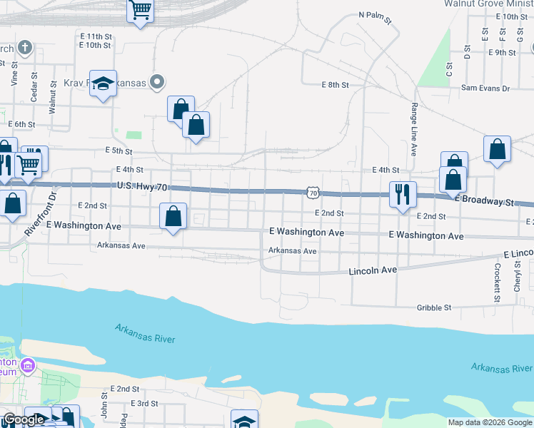 map of restaurants, bars, coffee shops, grocery stores, and more near 2101 East 2nd Street in North Little Rock