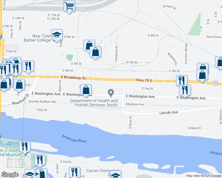 map of restaurants, bars, coffee shops, grocery stores, and more near 1921 East 2nd Street in North Little Rock