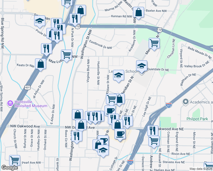map of restaurants, bars, coffee shops, grocery stores, and more near 2414 Kildare Street Northwest in Huntsville