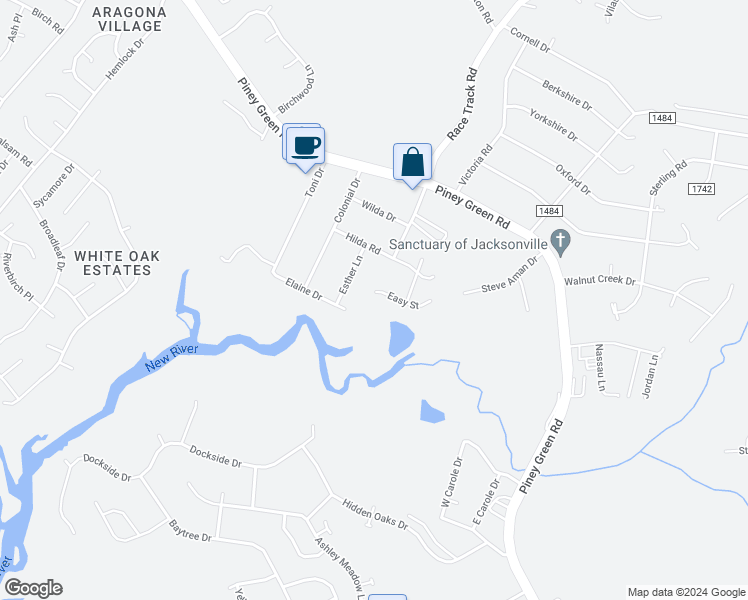 map of restaurants, bars, coffee shops, grocery stores, and more near 258 Easy Street in Jacksonville