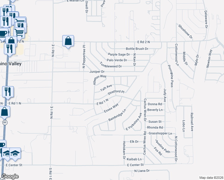 map of restaurants, bars, coffee shops, grocery stores, and more near 1523 Taft Avenue in Chino Valley