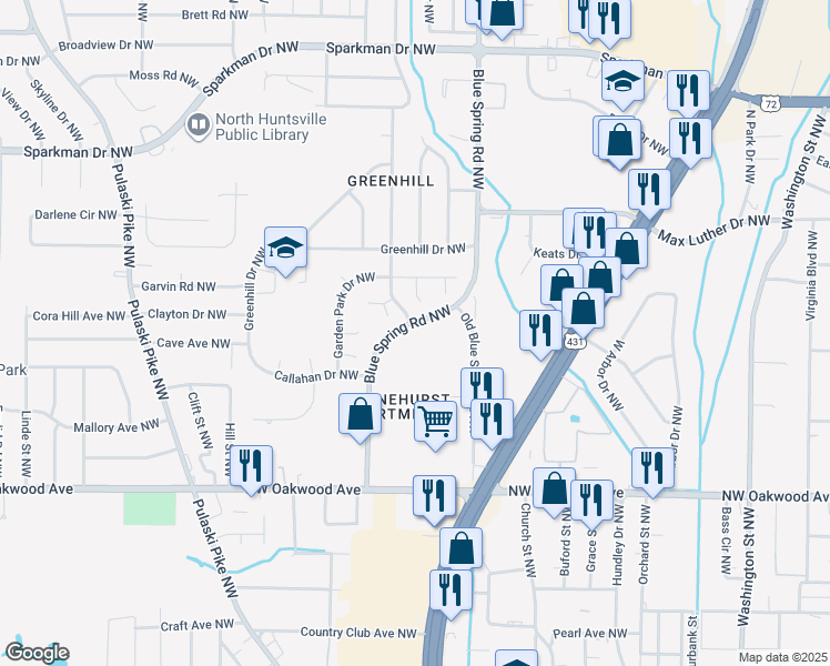 map of restaurants, bars, coffee shops, grocery stores, and more near 2404 Blue Spring Road Northwest in Huntsville