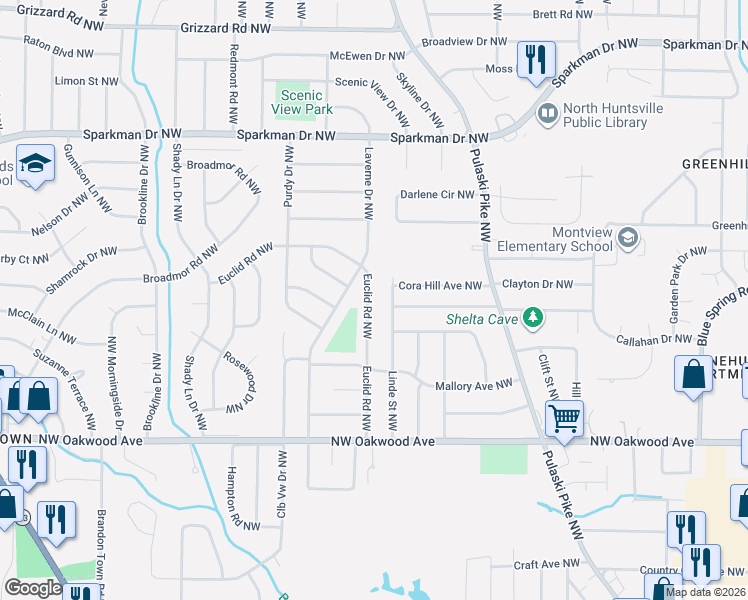 map of restaurants, bars, coffee shops, grocery stores, and more near 2225 Euclid Road Northwest in Huntsville