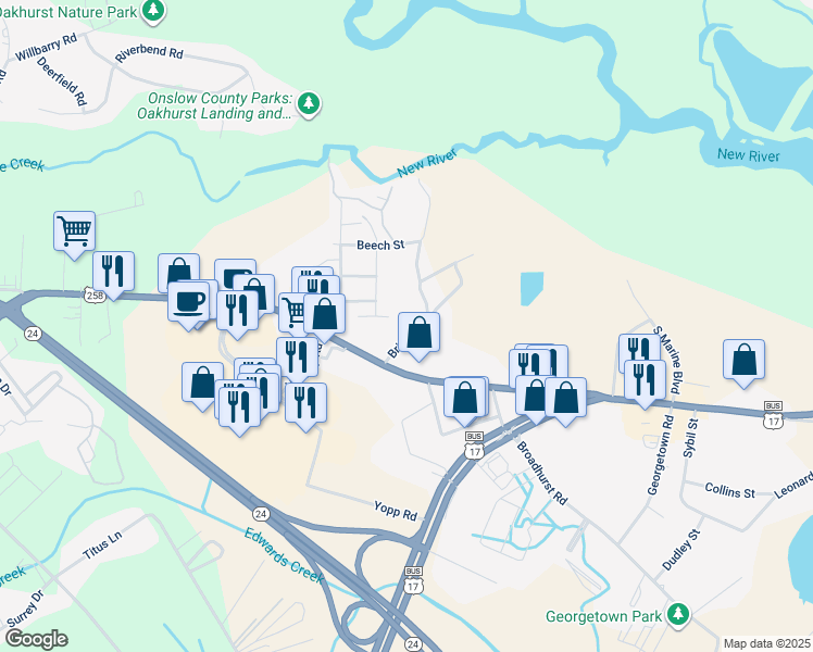 map of restaurants, bars, coffee shops, grocery stores, and more near 119 Bridgett Lane in Jacksonville