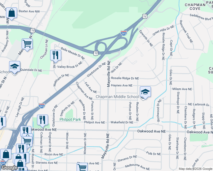 map of restaurants, bars, coffee shops, grocery stores, and more near 2214 Fairfax Street Northeast in Huntsville