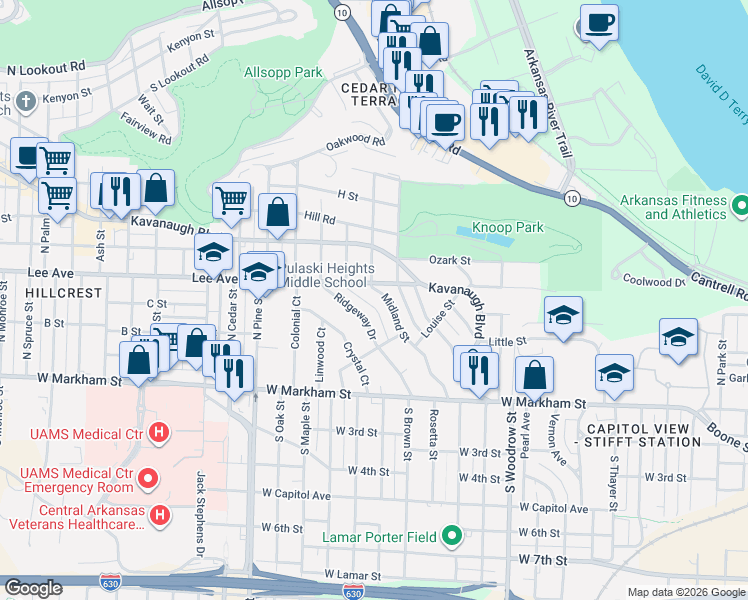 map of restaurants, bars, coffee shops, grocery stores, and more near 500 Midland Street in Little Rock