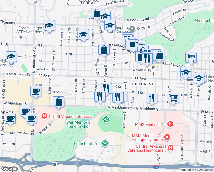 map of restaurants, bars, coffee shops, grocery stores, and more near 404 North Jackson Street in Little Rock