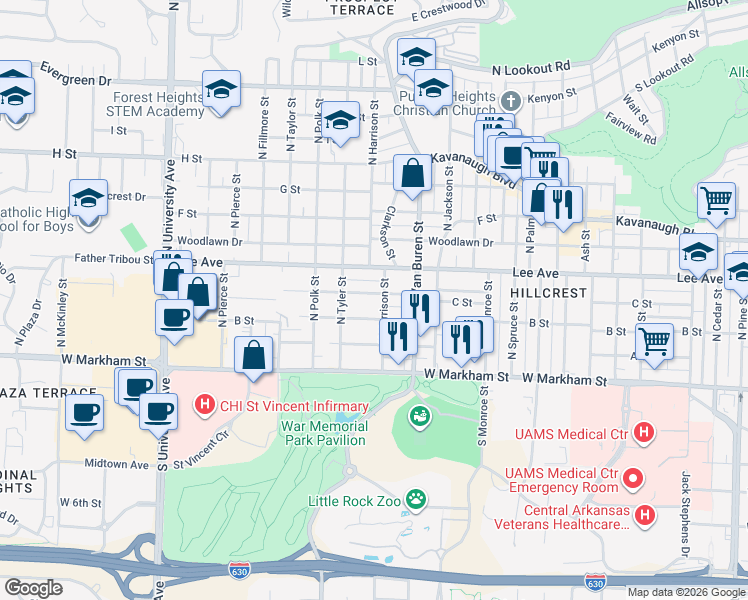 map of restaurants, bars, coffee shops, grocery stores, and more near 5312 C Street in Little Rock