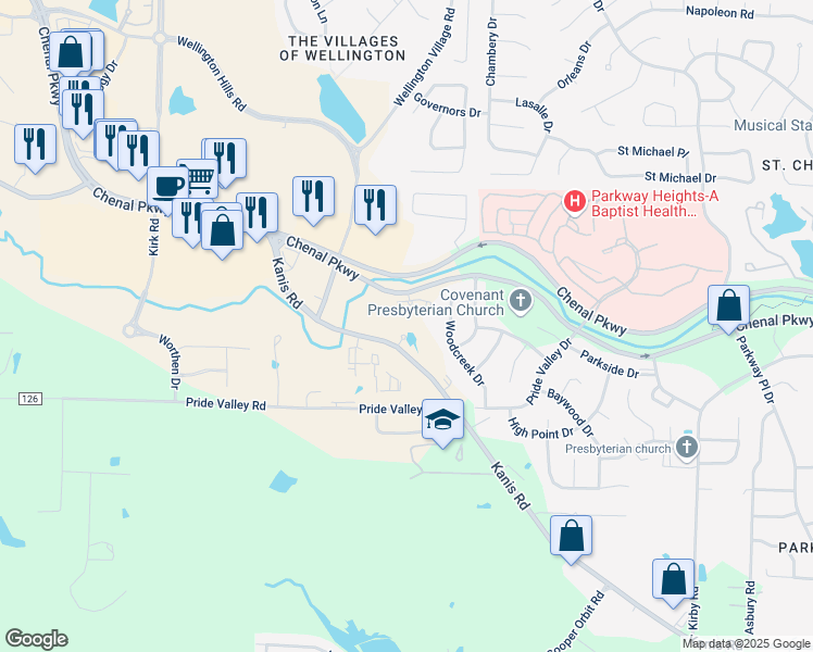 map of restaurants, bars, coffee shops, grocery stores, and more near 15401 Chenal Parkway in Little Rock