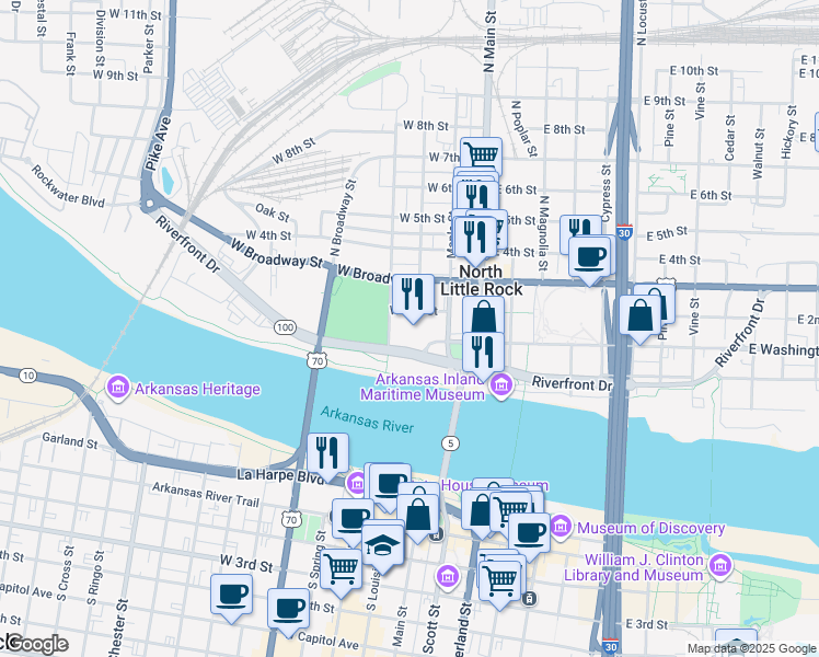 map of restaurants, bars, coffee shops, grocery stores, and more near 2 Riverfront Place in North Little Rock