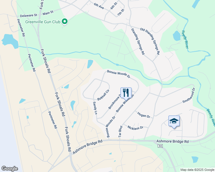 map of restaurants, bars, coffee shops, grocery stores, and more near 25 Birkhall Circle in Greenville