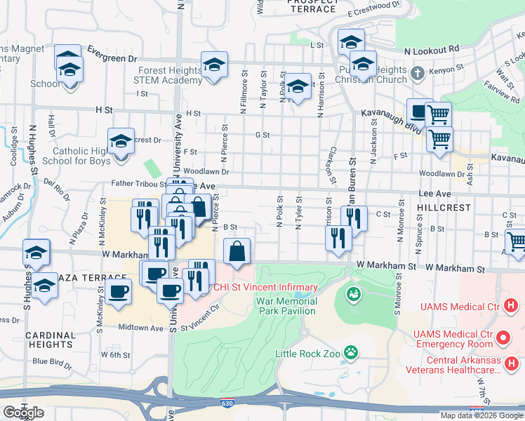 map of restaurants, bars, coffee shops, grocery stores, and more near 5516 C Street in Little Rock
