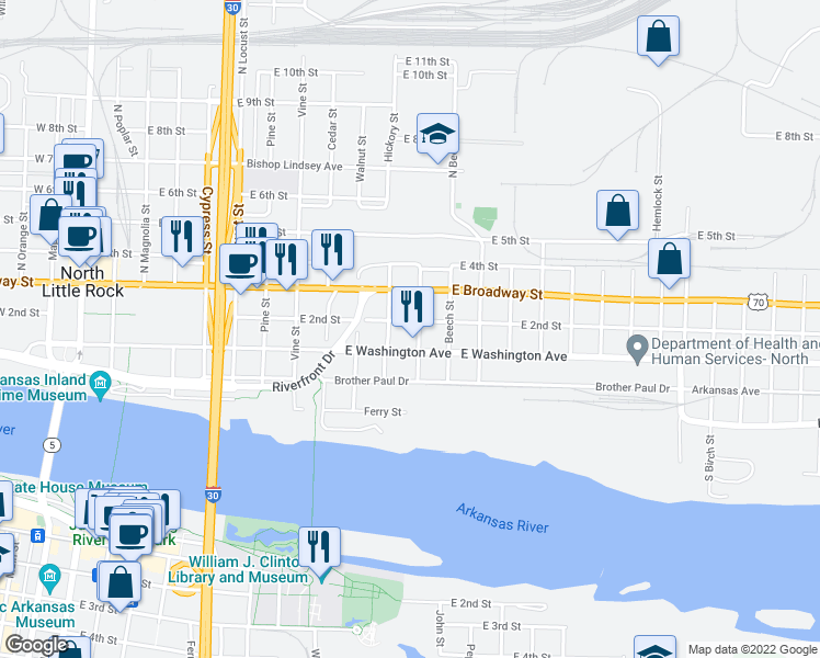 map of restaurants, bars, coffee shops, grocery stores, and more near 1120 East 2nd Street in North Little Rock