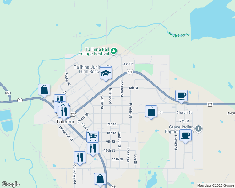 map of restaurants, bars, coffee shops, grocery stores, and more near 401 Isherwood in Talihina