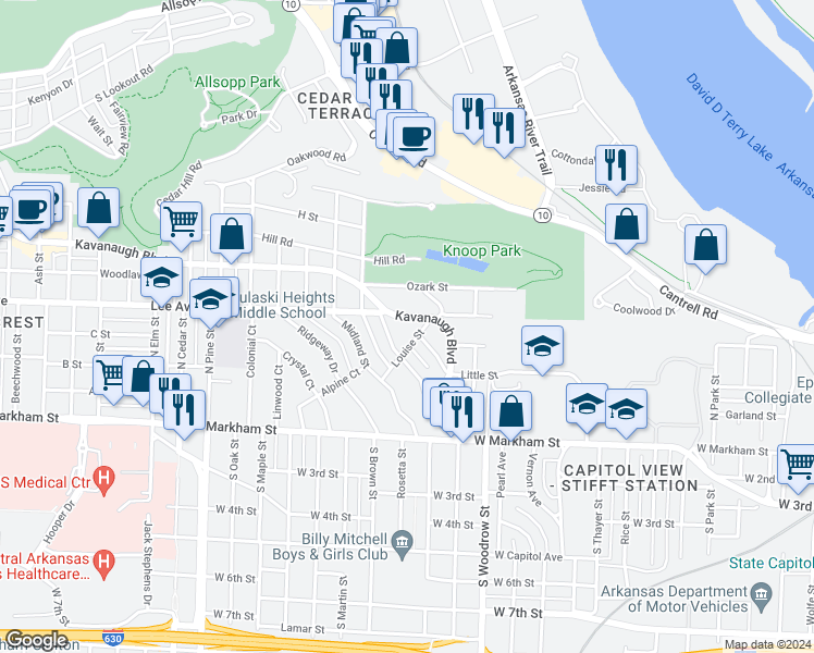 map of restaurants, bars, coffee shops, grocery stores, and more near 1410 Kavanaugh Boulevard in Little Rock