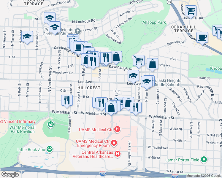 map of restaurants, bars, coffee shops, grocery stores, and more near 420 Walnut Street in Little Rock