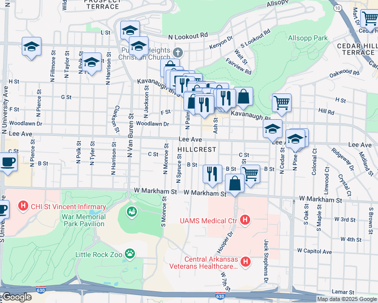 map of restaurants, bars, coffee shops, grocery stores, and more near in Little Rock