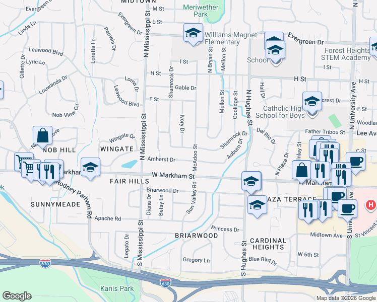 map of restaurants, bars, coffee shops, grocery stores, and more near 401 Ivory Drive in Little Rock