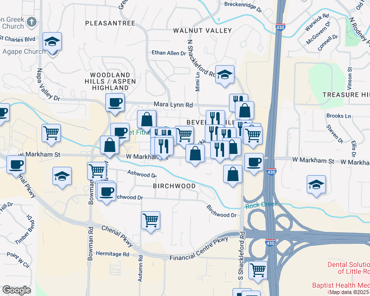 map of restaurants, bars, coffee shops, grocery stores, and more near 23 Shackleford Drive in Little Rock