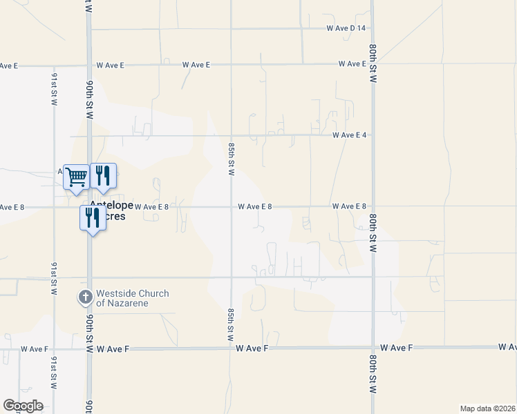 map of restaurants, bars, coffee shops, grocery stores, and more near 8300 Avenue E-8 in Lancaster