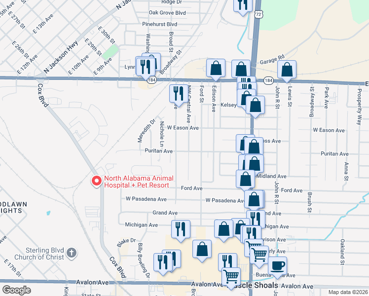 map of restaurants, bars, coffee shops, grocery stores, and more near 332 Northwest Central Avenue in Muscle Shoals