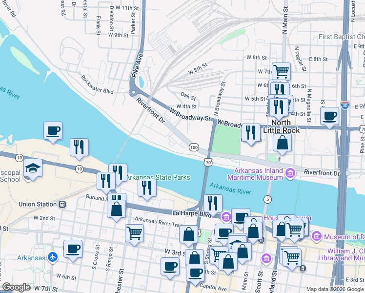 map of restaurants, bars, coffee shops, grocery stores, and more near 630 West Riverfront Drive in North Little Rock