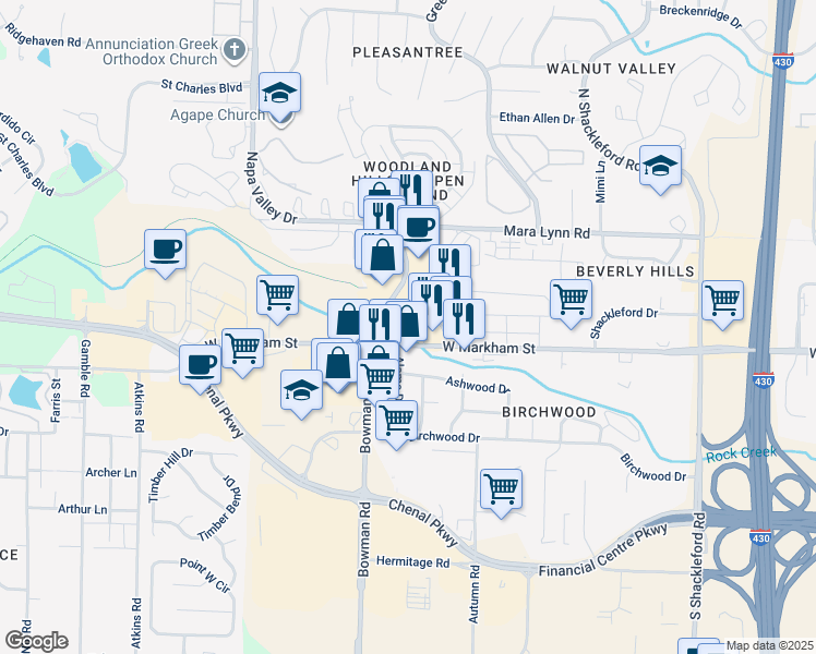 map of restaurants, bars, coffee shops, grocery stores, and more near 111 North Bowman Road in Little Rock